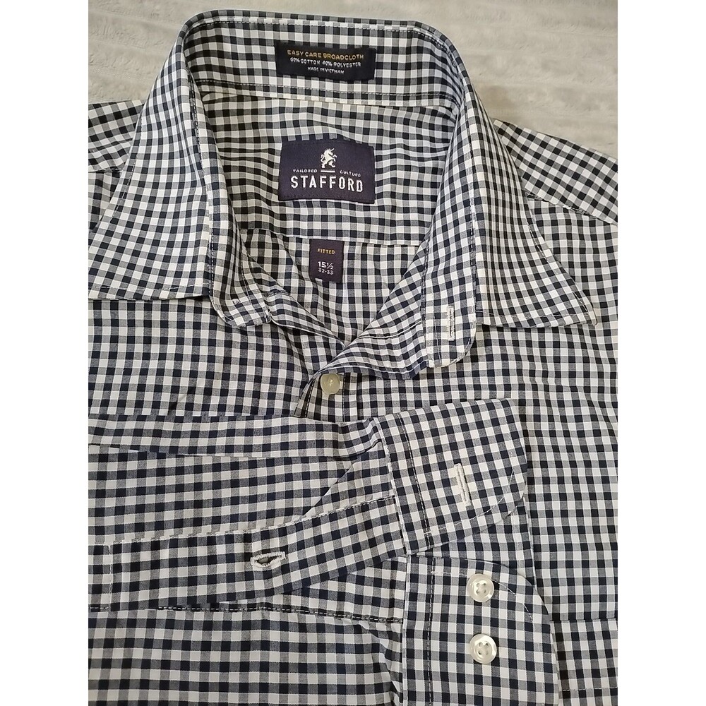 Stafford Easy Care Broadcloth Travel Shirt Blue Check Fitted 15 1/2 32/33 Pocket